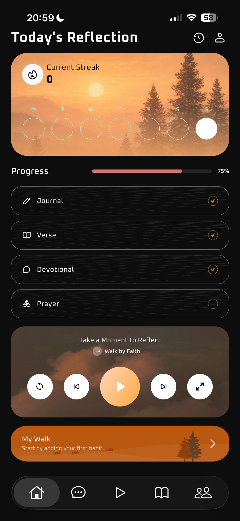 Bible Walk on iPhone showing today's reflection — a verse, a devotional, prayer, and a quiet daily rhythm.